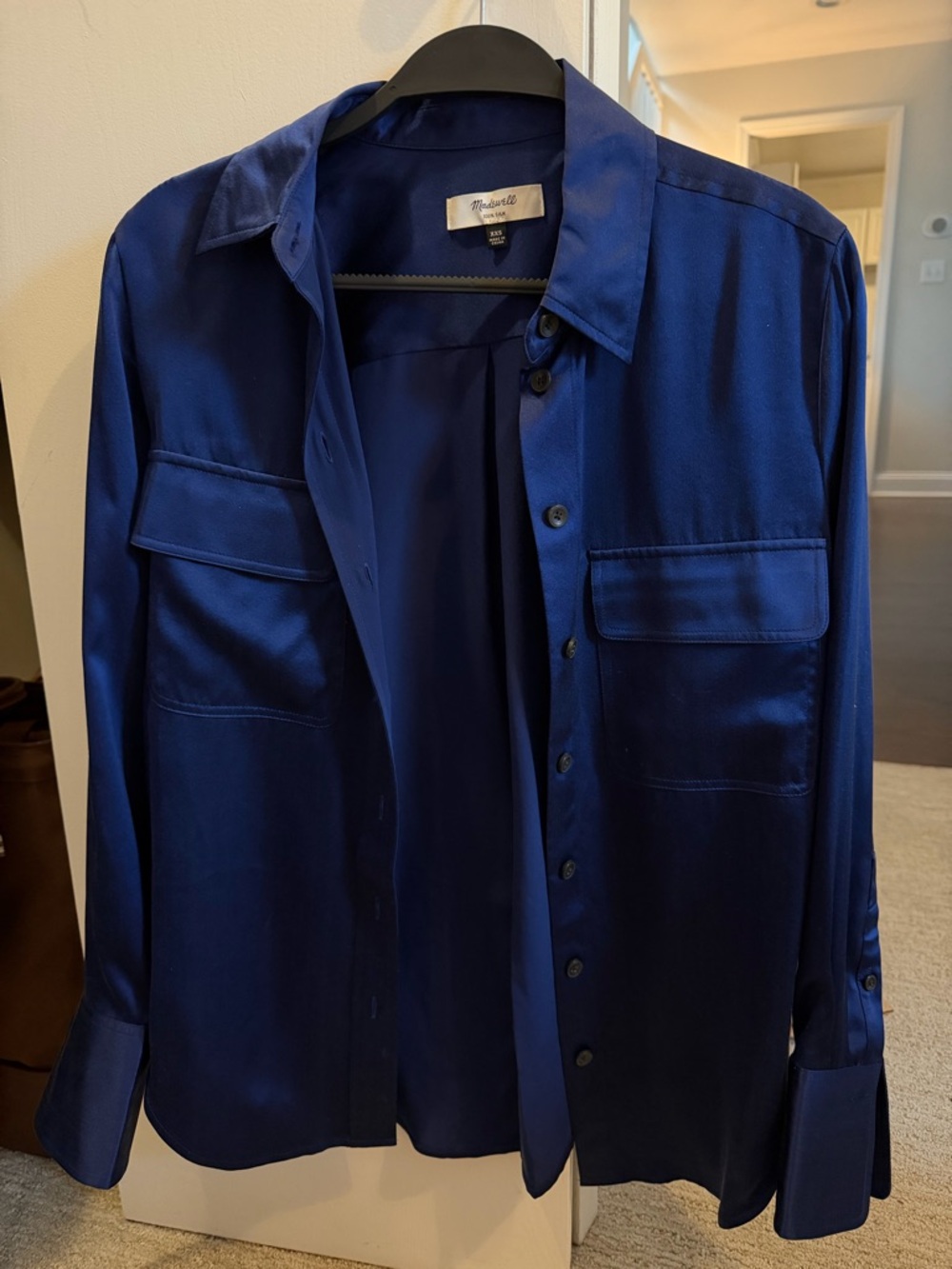 Madewell Satin Button-Front Blouse in Deep Blue
